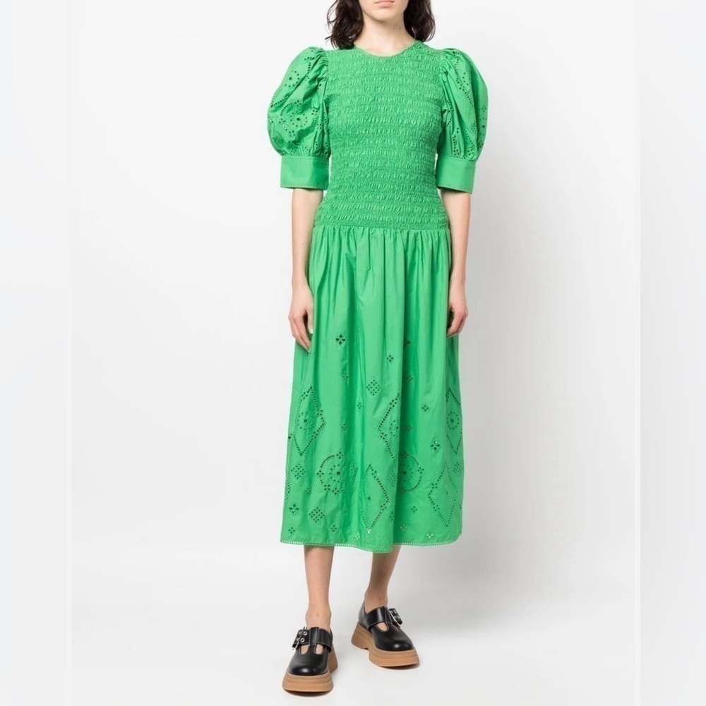 GANNI Smocked Eyelet Puff Sleeve Midi Dress Sz 8 Kelly Green Organic Cotton NWT